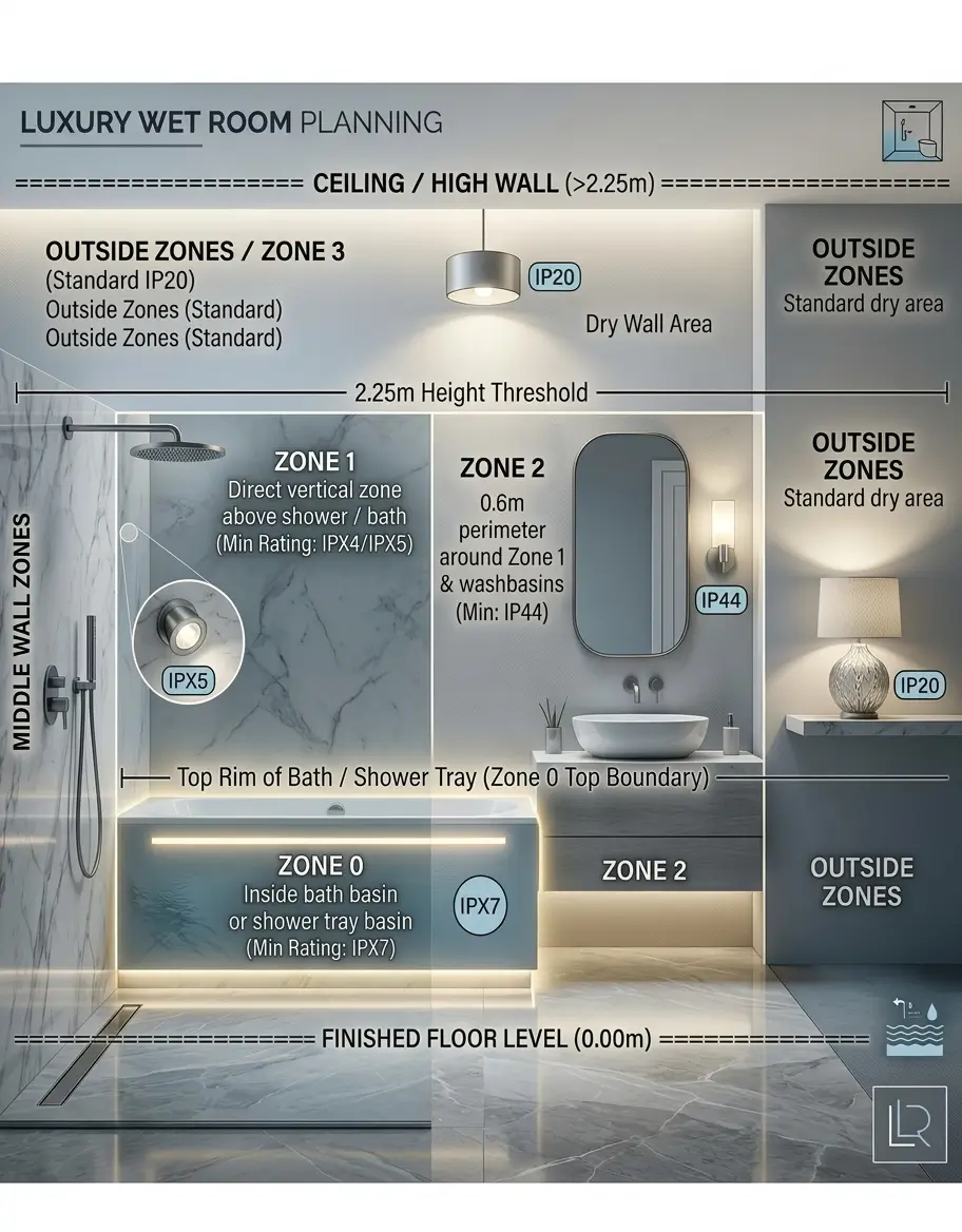 Any fitting installed within Zone 0 must be low voltage and rated at least IPX7 to handle direct, continuous water exposure safely.